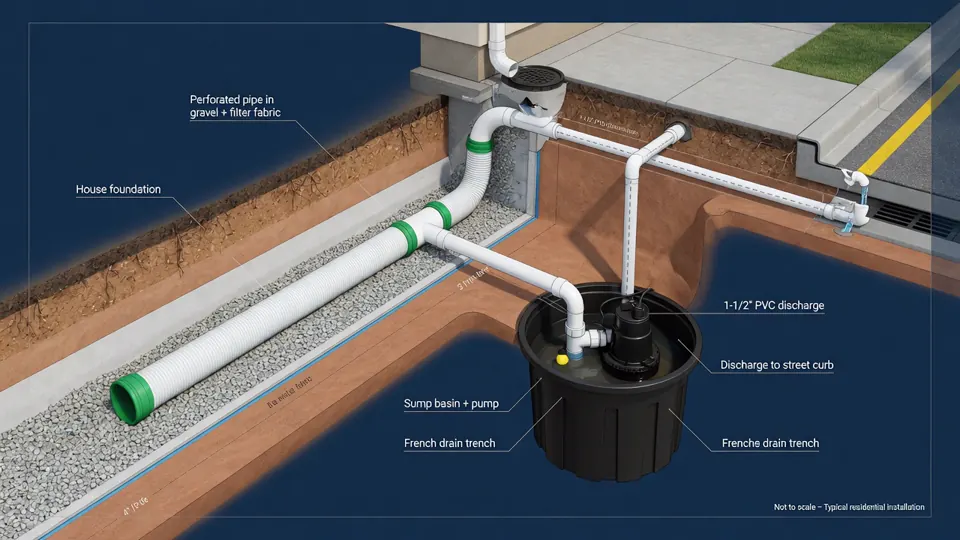 Technical diagram of FloGuard French drain and sump pump drainage system