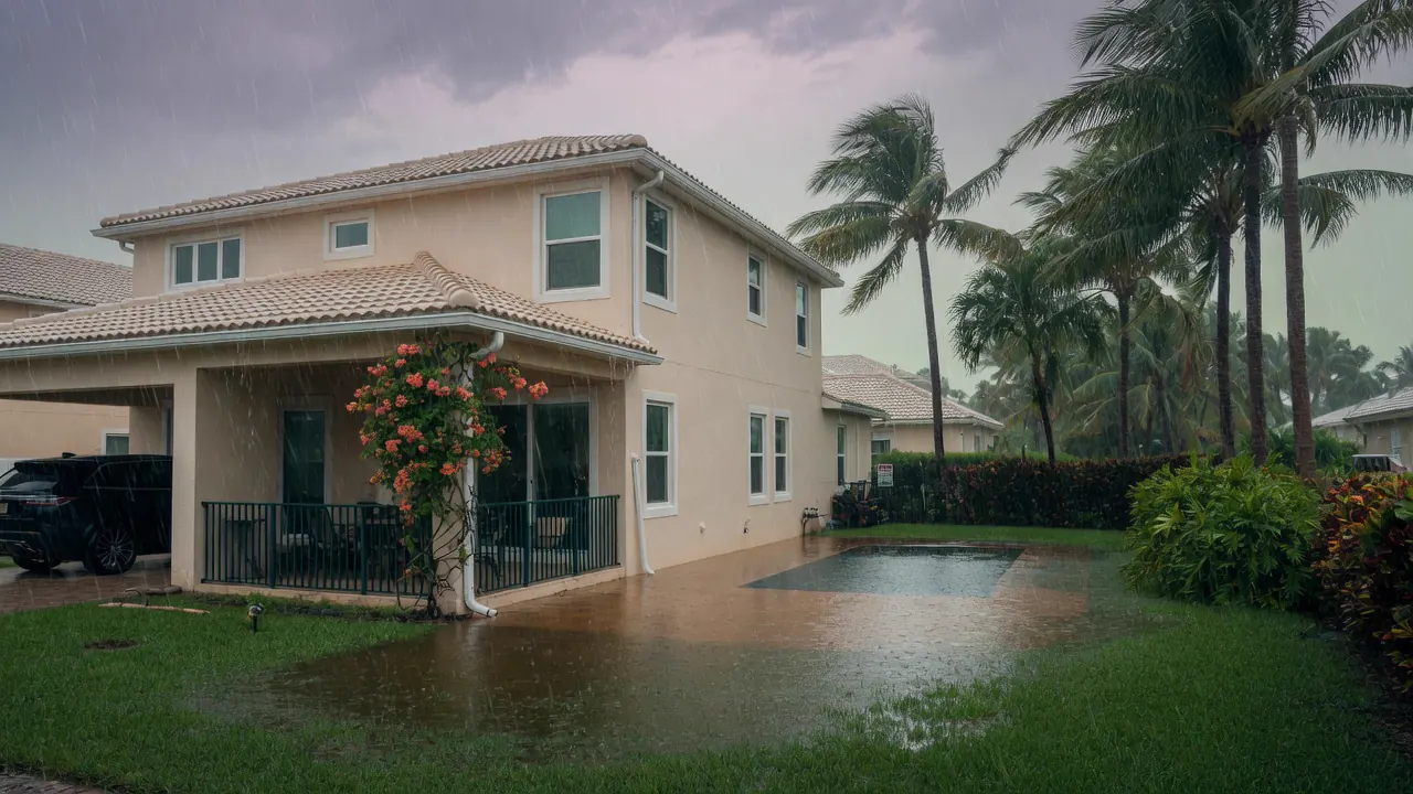 Central Florida home with standing water in yard during heavy rain